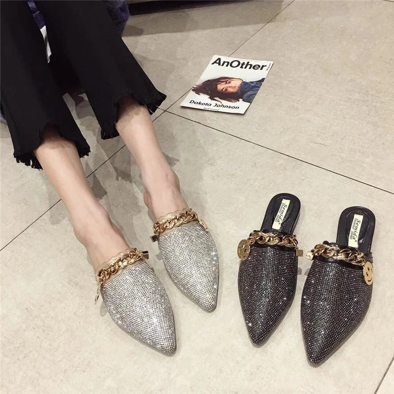 SNURULANPointed Toe Half Slippers Female Summer Wear New Fashion Rhinestone Lazy Flats Sandals Casual Mules Metal Chain Slide