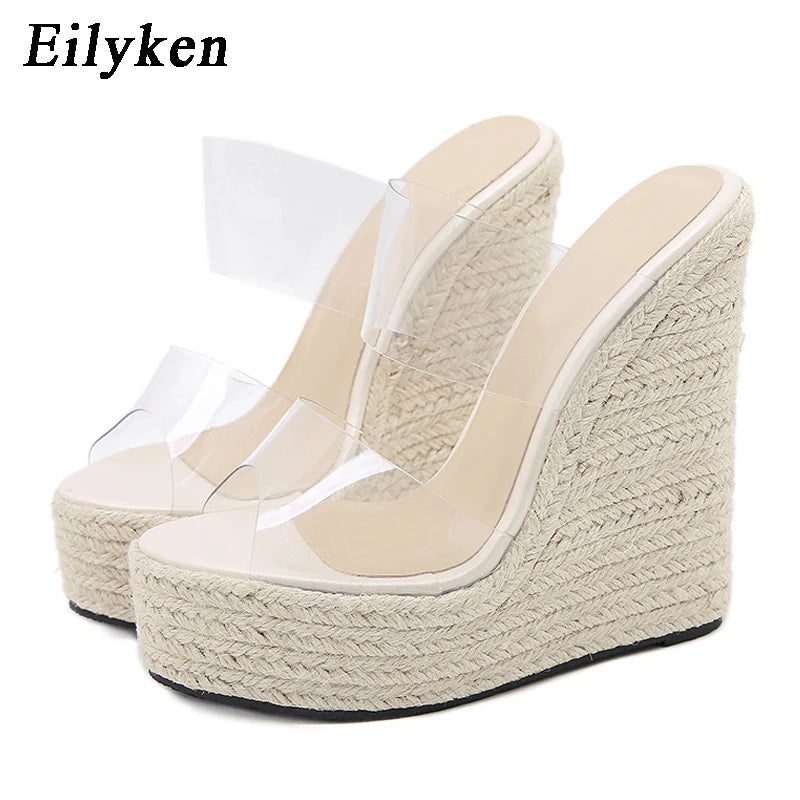 Eilyken Summer PVC Transparent Peep Toe Cane Straw Weave Platform Women Wedges Slippers Sandals Fashion High Heels Female Shoes