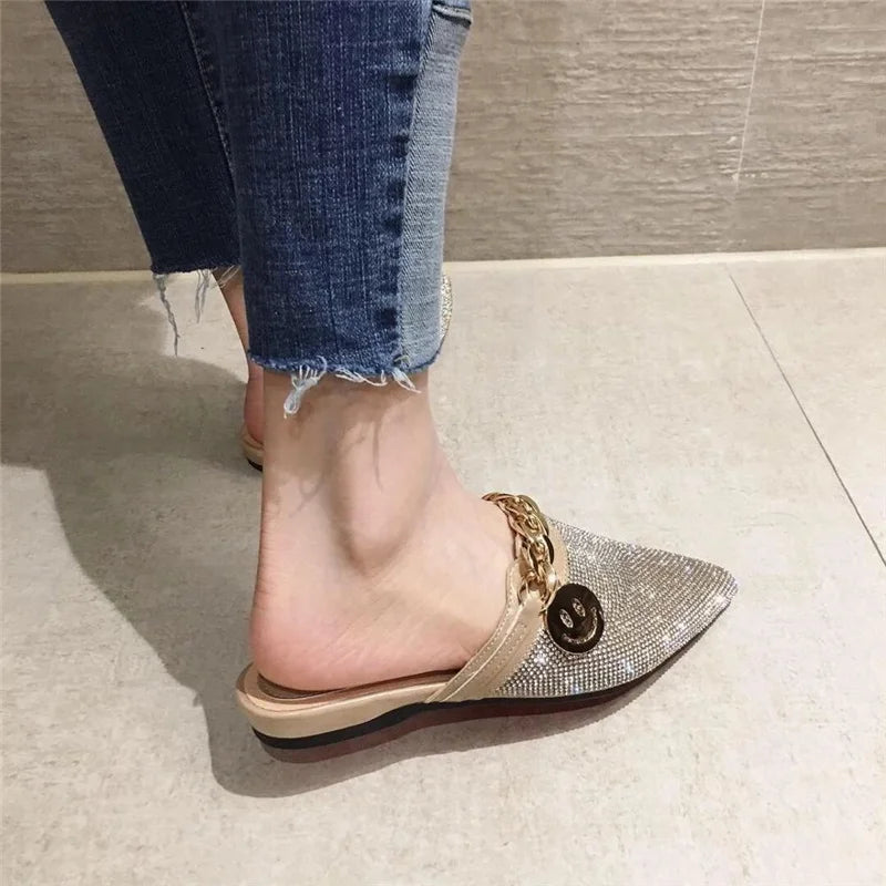 SNURULANPointed Toe Half Slippers Female Summer Wear New Fashion Rhinestone Lazy Flats Sandals Casual Mules Metal Chain Slide