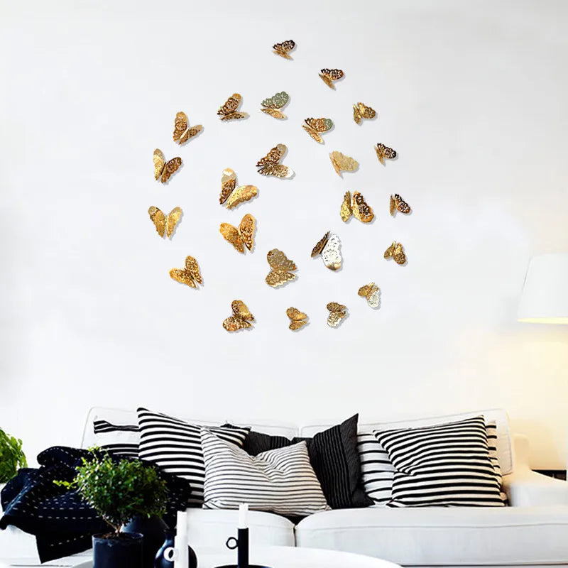 12Pcs Hollow 3D Butterfly Wall Sticker For Home Decoration DIY Butterflies Fridge Decals Room Self Adhesive Party Wedding Decor