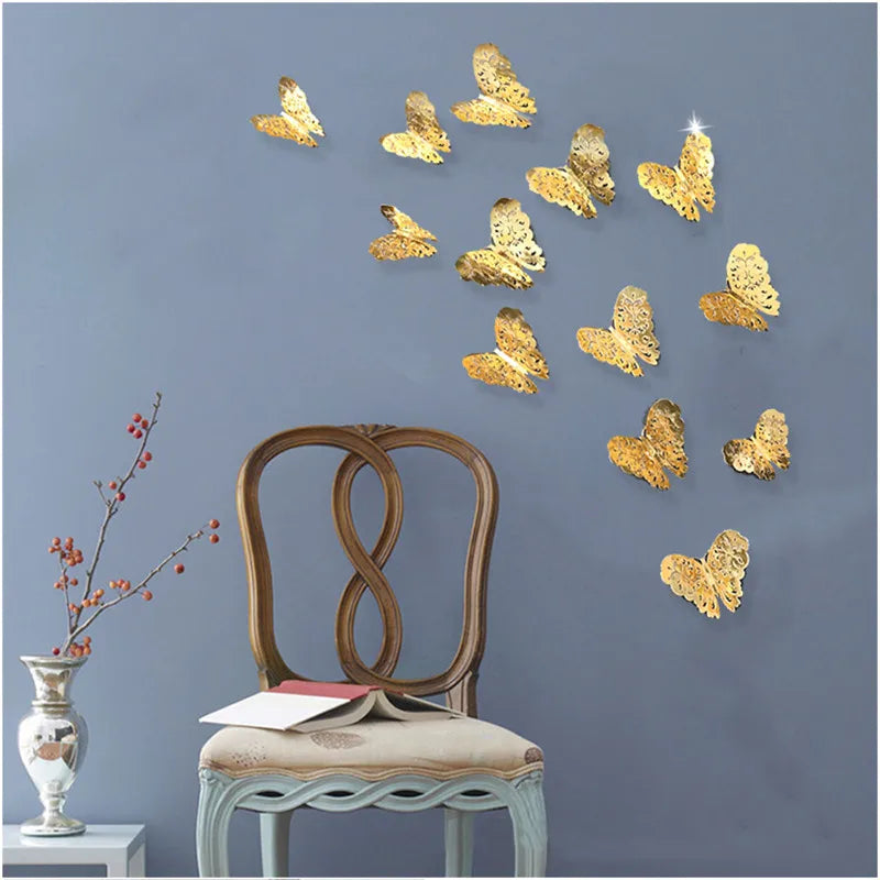 12Pcs Hollow 3D Butterfly Wall Sticker For Home Decoration DIY Butterflies Fridge Decals Room Self Adhesive Party Wedding Decor