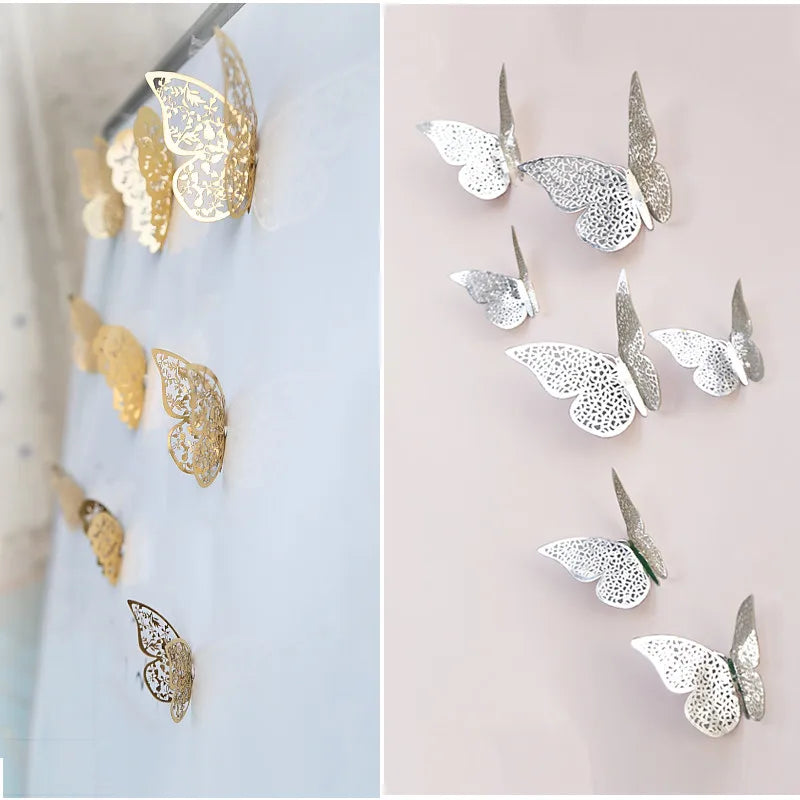 12Pcs Hollow 3D Butterfly Wall Sticker For Home Decoration DIY Butterflies Fridge Decals Room Self Adhesive Party Wedding Decor