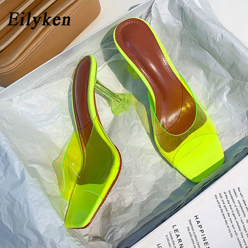 Eilyken Green Orange PVC Transparent Crystal Spike High Heels Jelly Woman Slippers Street Style Open Toe Sandals Slides Shoes