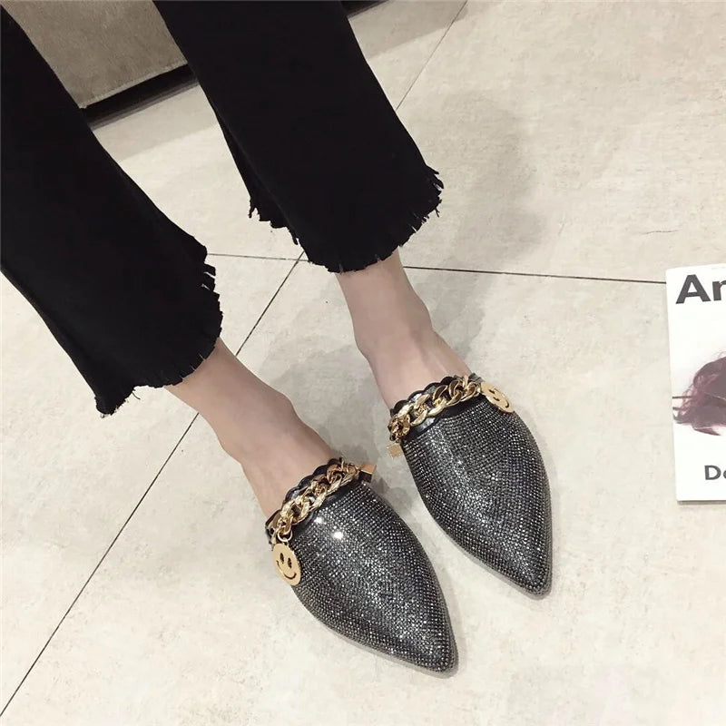 SNURULANPointed Toe Half Slippers Female Summer Wear New Fashion Rhinestone Lazy Flats Sandals Casual Mules Metal Chain Slide