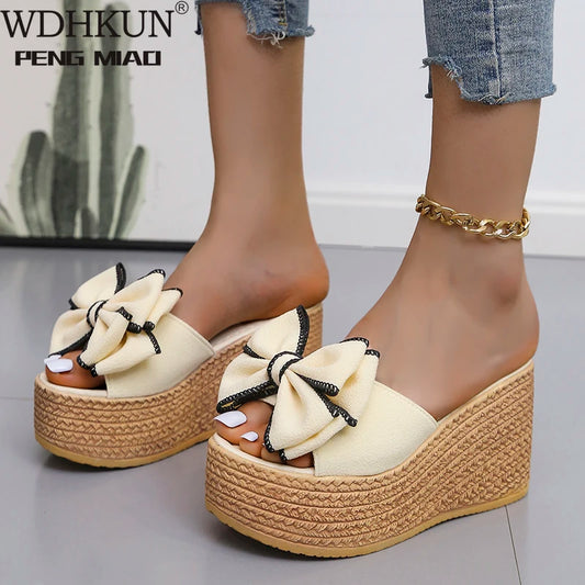 Women Slippers Fashion Pee Toe Summer Shoes Butterfly-knot High Heels Women Slides Platform Wedges Ladies Women Shoes F66