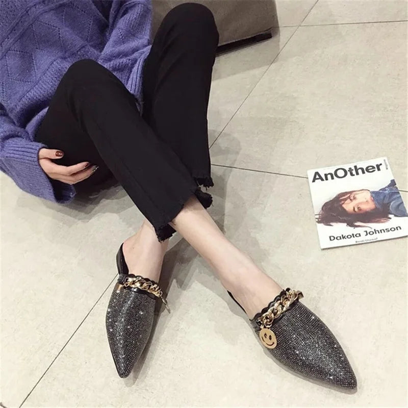 SNURULANPointed Toe Half Slippers Female Summer Wear New Fashion Rhinestone Lazy Flats Sandals Casual Mules Metal Chain Slide