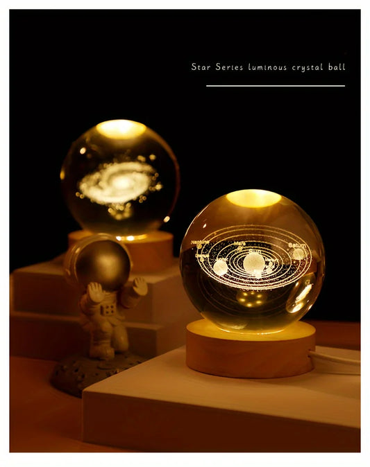 1PC  3D 2.36in Crystal Ball Planet Night Light Laser Engraved Solar System Globe Astronomy Birthday Gift Home Space Desktop Deco