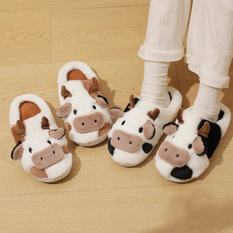 Cute Fluffy Cow Slippers Kawaii Fluffy Winter Warm Slippers Woman Cartoon Milk Cow House Slipper For Women Girls