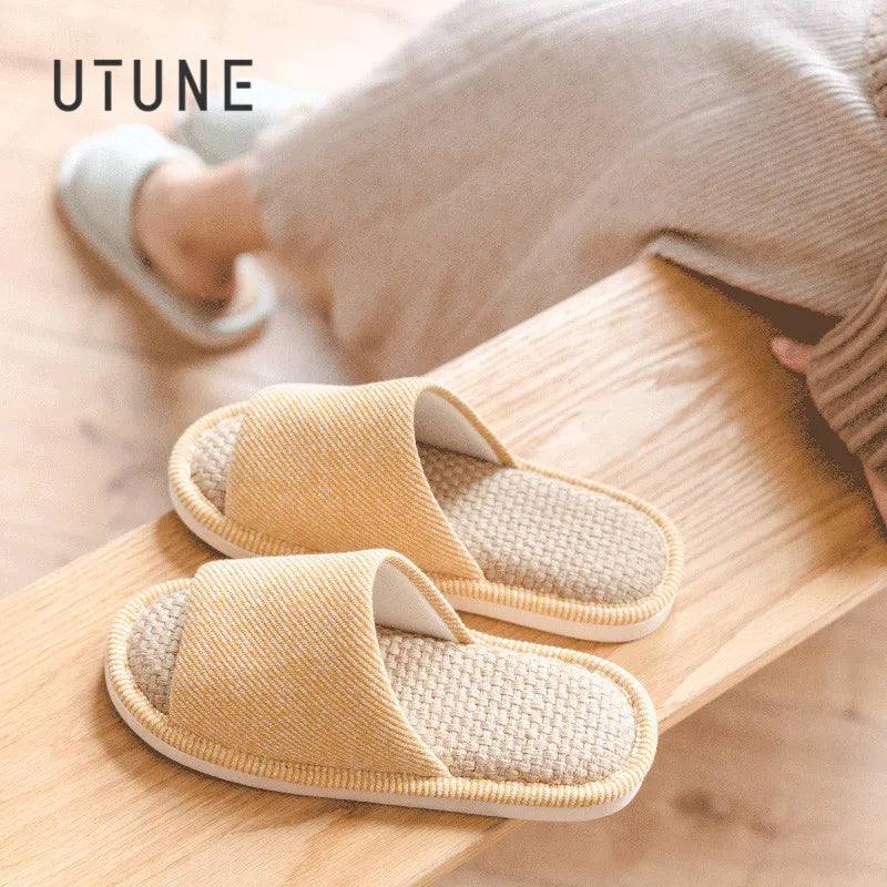 UTUNE Natural Linen Women's Slippers Mute Comfortable Indoor Home Couple Shoes Soft Sole Anti-slip Couple Four Season Slides