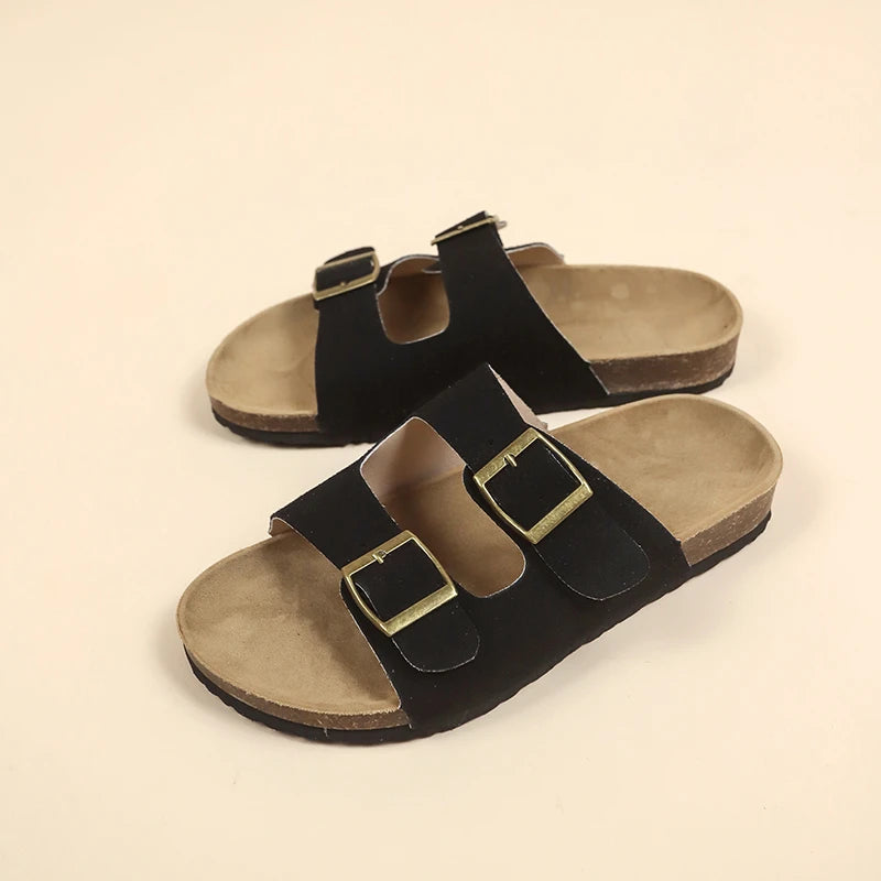 2024 New Summer Women's Cork Slippers Casual Beach Double Buckle Non-slip Outside Nubuck Leather Slip on Slides Shoe for Women