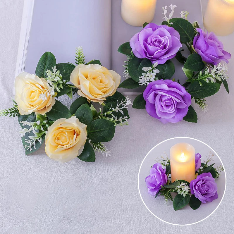 Christmas Candlestick Wreath Artificial Rose Peony Flowers Berry Garland  Candle Ring Wedding Christmas Party Dining Table Decor