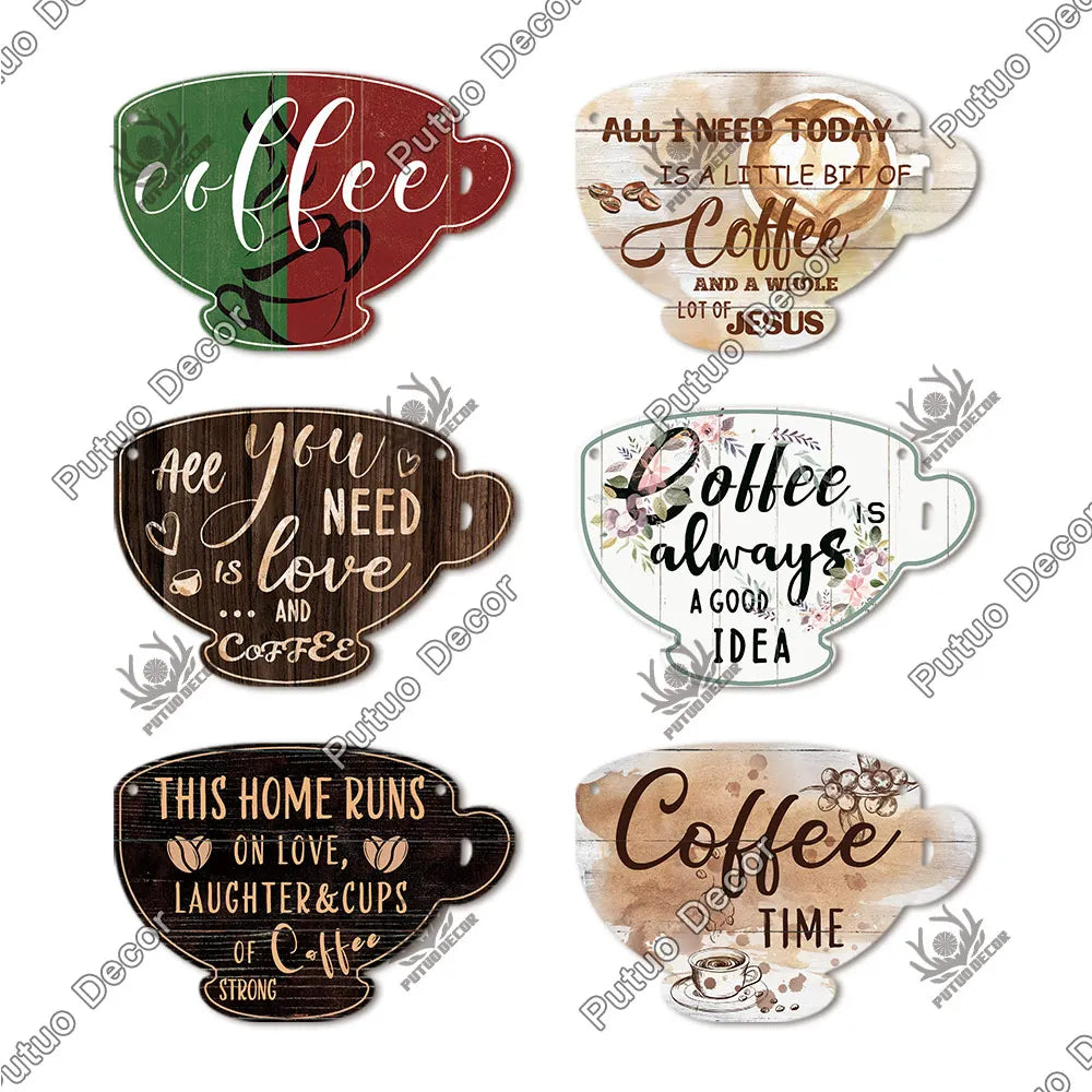 Putuo Decor Coffee Sign Cup Shaped Plaque Rustic Wooden  Hanging Sign for Cafe Kitchen Decoration Plate Coffee Mug Wall Decor