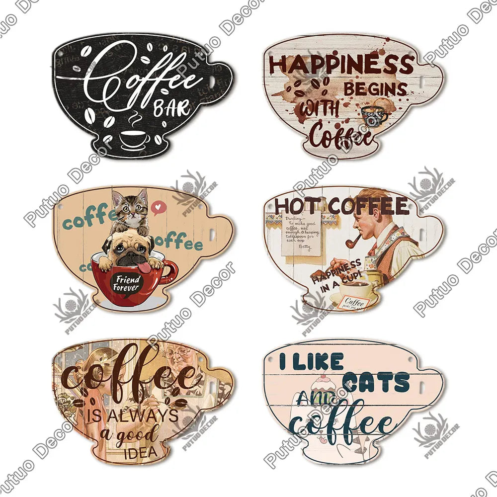 Putuo Decor Coffee Sign Cup Shaped Plaque Rustic Wooden  Hanging Sign for Cafe Kitchen Decoration Plate Coffee Mug Wall Decor