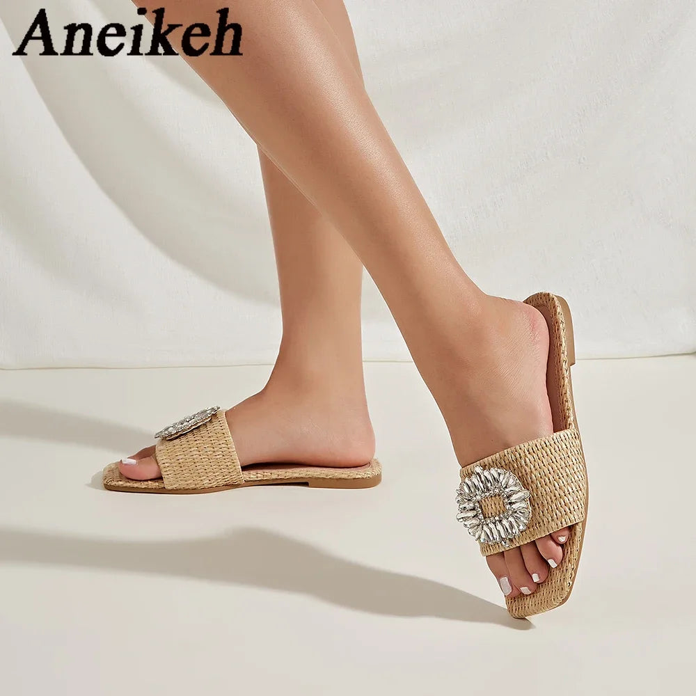 Aneikeh Glitter Bright Diamond Flat Bottom Women Slippers Crystal Sandals Comfortable Beach Slides Shoes Fashion Flat Heels