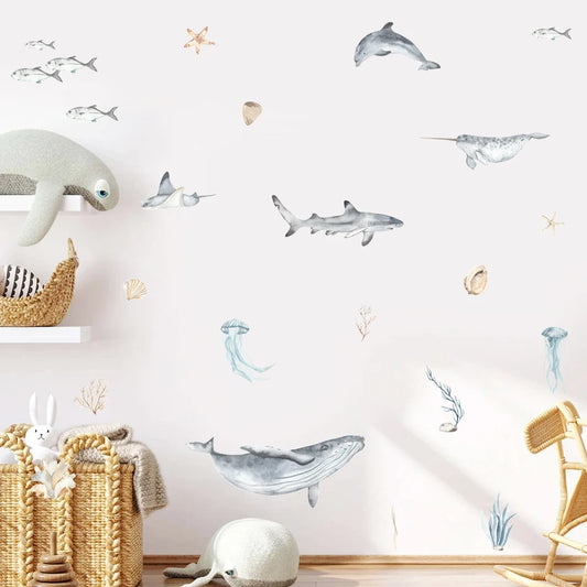 Whale Shark Dolphin Starfish Jellyfish Watercolor Wall Stickers Removable Vinyl Wall Decal Mural Nursery Kids Room Home Decor