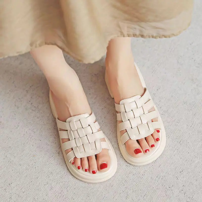 Ladies Genuine Leather Roman Style Sandals Slippers Women Summer Outside Shoes Outer Wear Flat Woven Soft Leather Slides Women