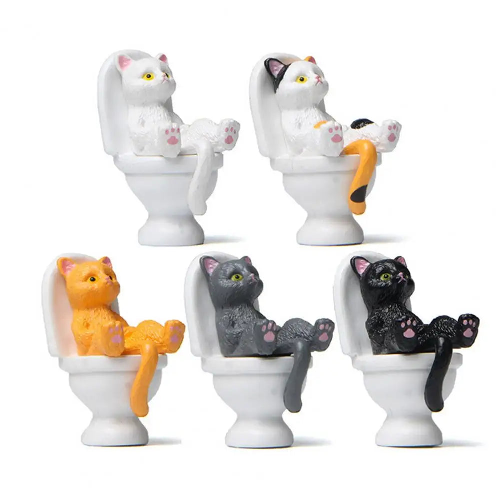 Cat Sitting On Figurines Toilet Cat Ornament Kawaii Cat Doll Micro Landscape Fairy Garden Miniature Cat Toys Home Decoration