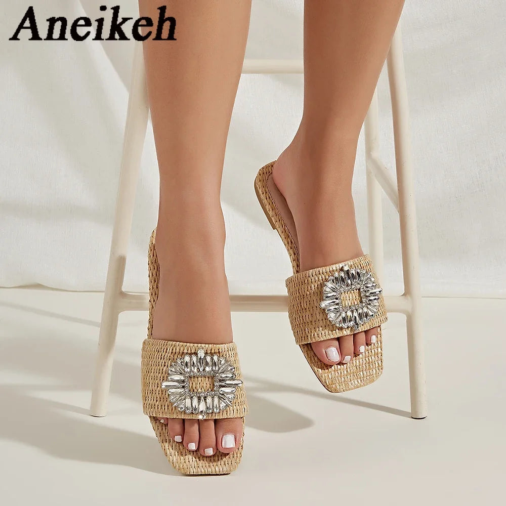 Aneikeh Glitter Bright Diamond Flat Bottom Women Slippers Crystal Sandals Comfortable Beach Slides Shoes Fashion Flat Heels