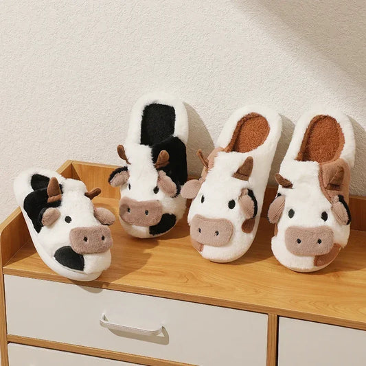 Winter Unisex Family Look Shoes Cartoon Cow Warm Children's Plush Slippers For Girls Boys Indoor Non-slip Mule Home Cotton Shoes