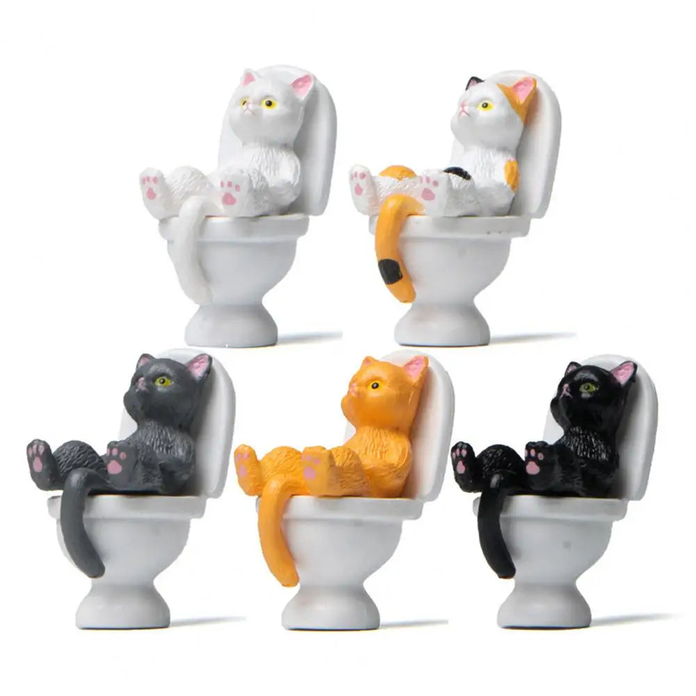 Cat Sitting On Figurines Toilet Cat Ornament Kawaii Cat Doll Micro Landscape Fairy Garden Miniature Cat Toys Home Decoration