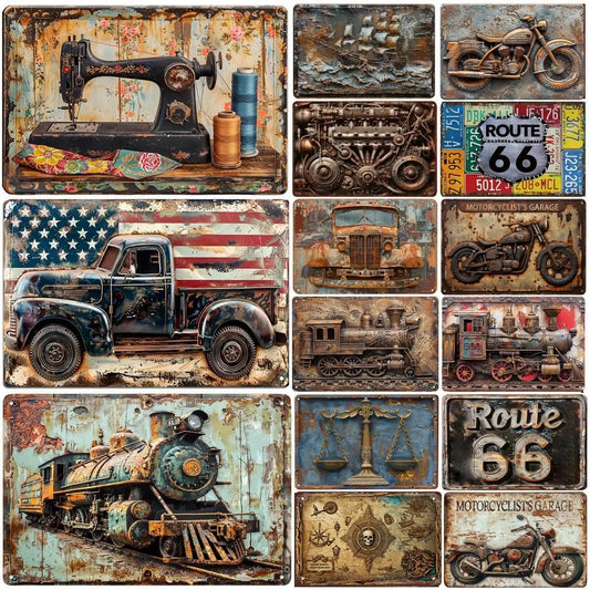 Vintage 3D Old Car Train Posters Metal Tin Sign Plaque Decorative Plates for Garage Club Man Cave Bar Home Hotel Cafe Wall Decor