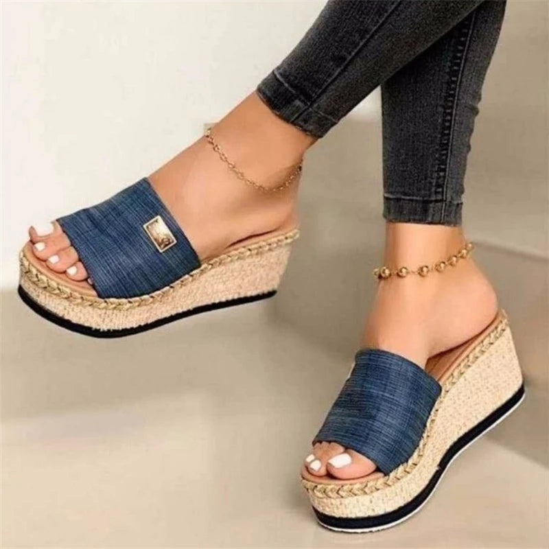 2024 Summer Fashion Wedge Thick Sole Round Toe Slippers Solid Color Womes Daily Casual Comfortable Sandals Zapatos Mujer Luxury