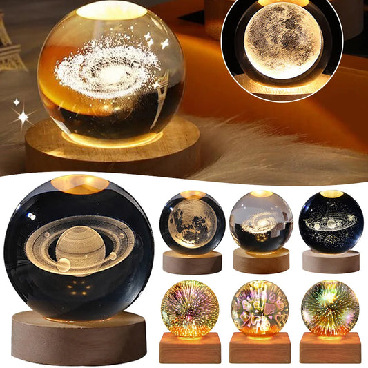 3D Crystal Ball Lamp Laser Engraved Galaxy Planet Moon Saturn LED Night Light Home Decor Valentine's Day Father's Day Gift