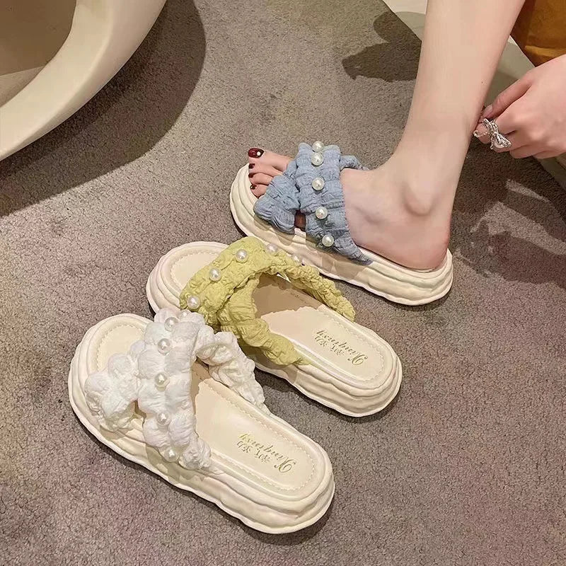 2024 New Fairy Style Platform Dissolved Shoes Seaside Beach Slippers Ins Pearl Sandals Women's Outer Wear