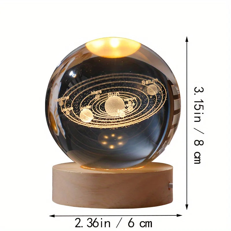 1PC  3D 2.36in Crystal Ball Planet Night Light Laser Engraved Solar System Globe Astronomy Birthday Gift Home Space Desktop Deco