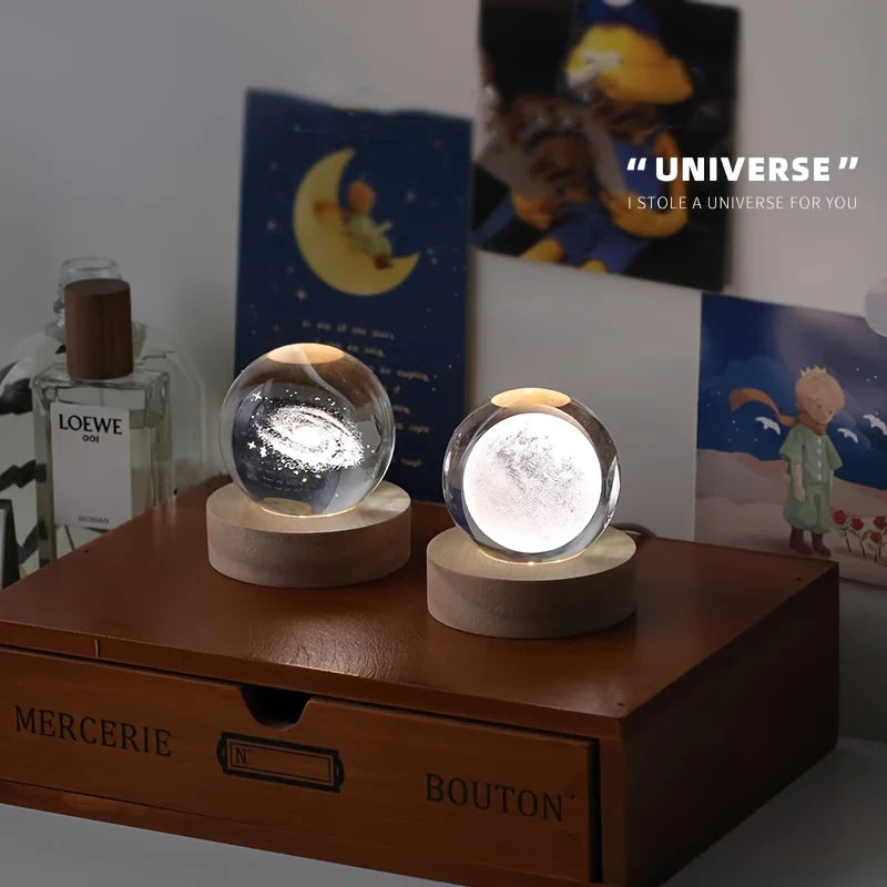 1PC  3D 2.36in Crystal Ball Planet Night Light Laser Engraved Solar System Globe Astronomy Birthday Gift Home Space Desktop Deco