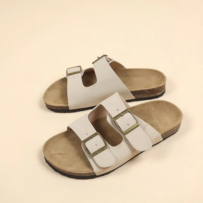 2024 New Summer Women's Cork Slippers Casual Beach Double Buckle Non-slip Outside Nubuck Leather Slip on Slides Shoe for Women