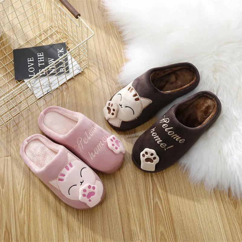 Hot Fluffy Fur Slippers Winter Cartoon Cat Pattern Womens Fur Slippers Cute Cartoon Warm Short Plush Couple Shoes Fleece Flats