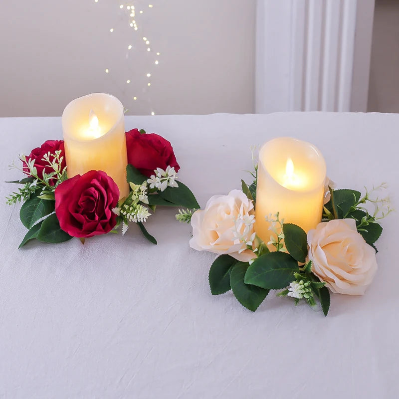 Christmas Candlestick Wreath Artificial Rose Peony Flowers Berry Garland  Candle Ring Wedding Christmas Party Dining Table Decor