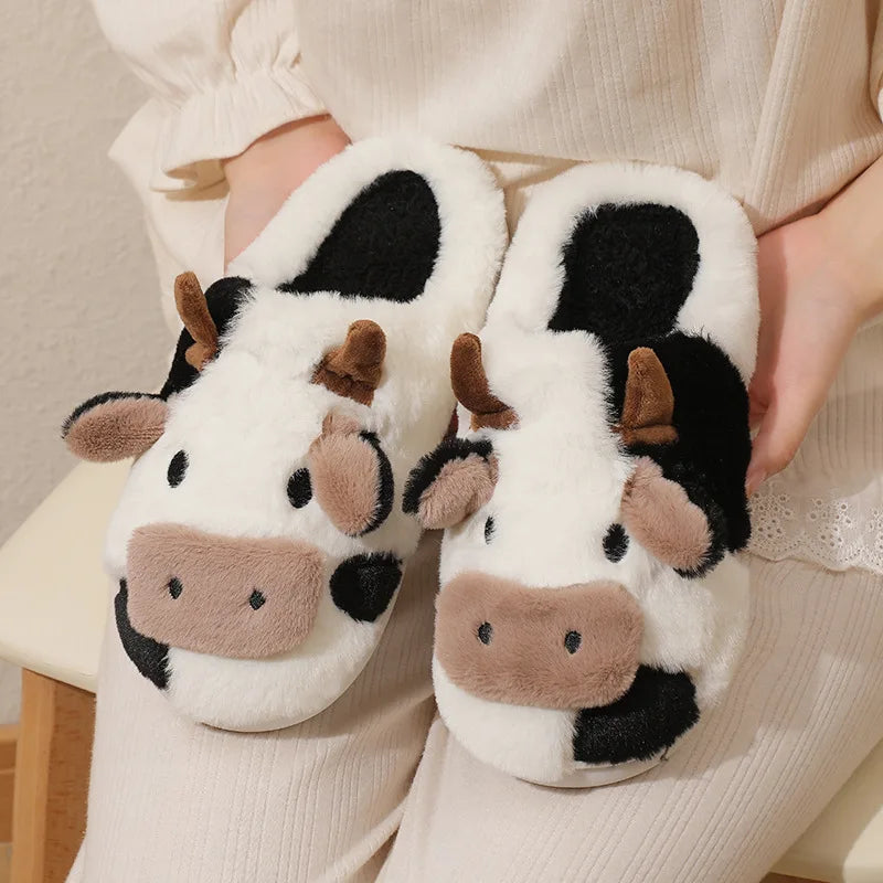 Cute Fluffy Cow Slippers Kawaii Fluffy Winter Warm Slippers Woman Cartoon Milk Cow House Slipper For Women Girls