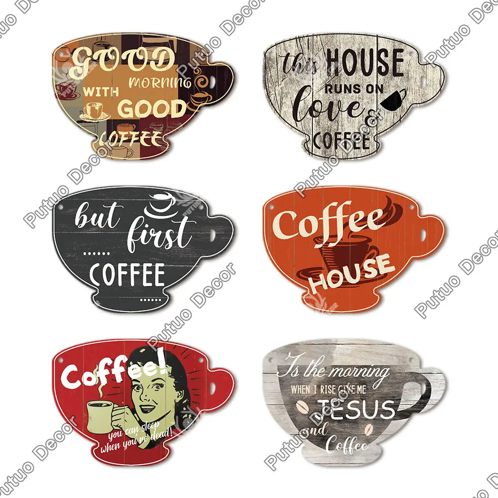 Putuo Decor Coffee Sign Cup Shaped Plaque Rustic Wooden  Hanging Sign for Cafe Kitchen Decoration Plate Coffee Mug Wall Decor