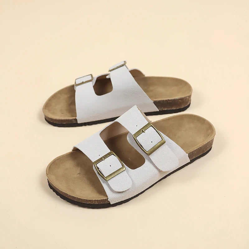 2024 New Summer Women's Cork Slippers Casual Beach Double Buckle Non-slip Outside Nubuck Leather Slip on Slides Shoe for Women