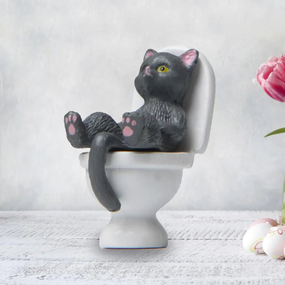 Cat Sitting On Figurines Toilet Cat Ornament Kawaii Cat Doll Micro Landscape Fairy Garden Miniature Cat Toys Home Decoration