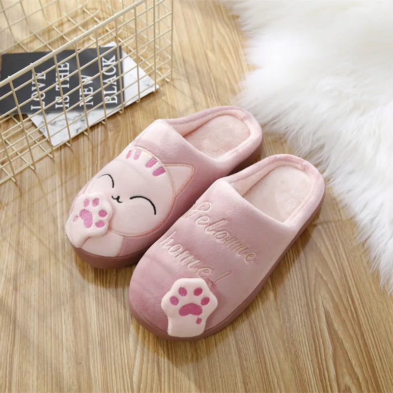 Hot Fluffy Fur Slippers Winter Cartoon Cat Pattern Womens Fur Slippers Cute Cartoon Warm Short Plush Couple Shoes Fleece Flats