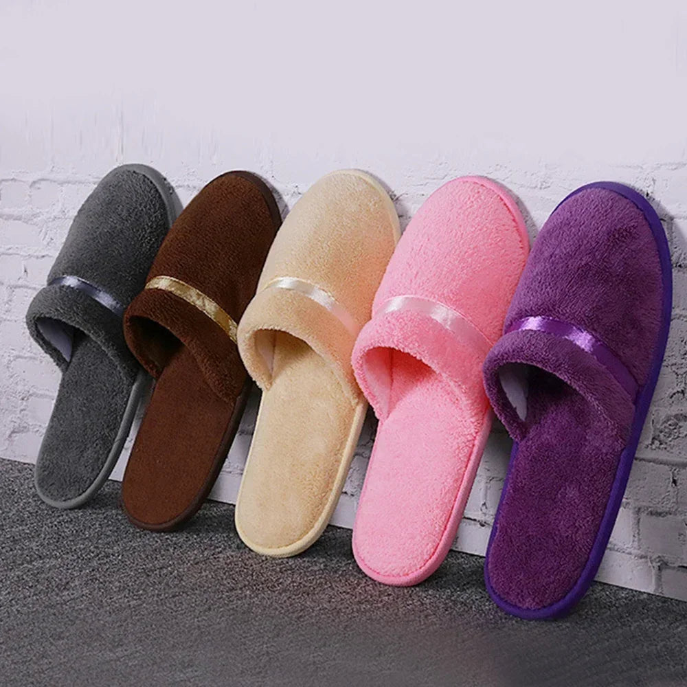 1 Pair Reusable Hotel Slippers For Men Women Coral Fleece Slippers Non-slip Breathable Soft Winter Accessories Indoor Shoes