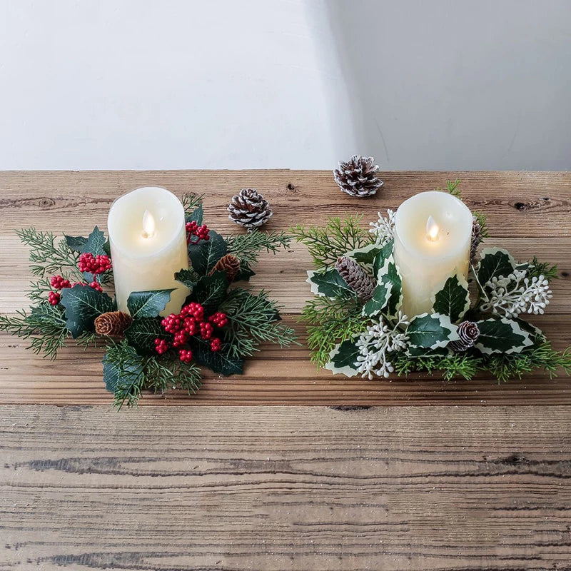 Christmas Candlestick Wreath Artificial Rose Peony Flowers Berry Garland  Candle Ring Wedding Christmas Party Dining Table Decor