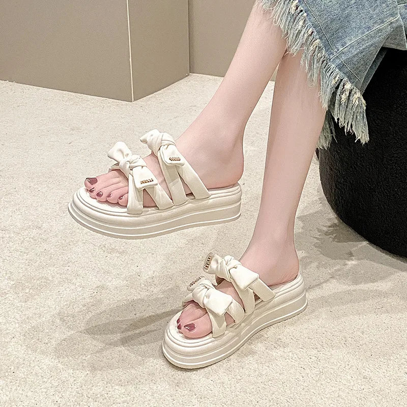 Slip-on Sandals for Women, New Summer 2024 Muffin Thick Soled Preppy Bow Open-toed Roman Shoes