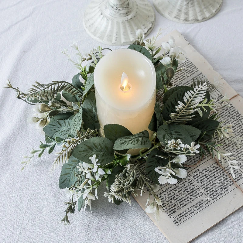 Christmas Candlestick Wreath Artificial Rose Peony Flowers Berry Garland  Candle Ring Wedding Christmas Party Dining Table Decor