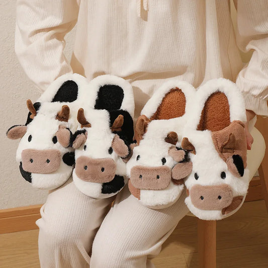 Cute Fluffy Cow Slippers Kawaii Fluffy Winter Warm Slippers Woman Cartoon Milk Cow House Slipper For Women Girls