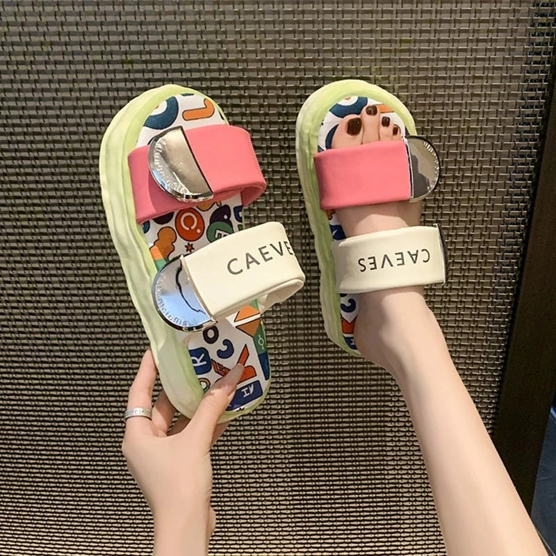 Summer New Platform Soled Ladies Shoes Cross Slippers Women's Wear Graffiti Beach Sandals Metal Buckle Slippers Women