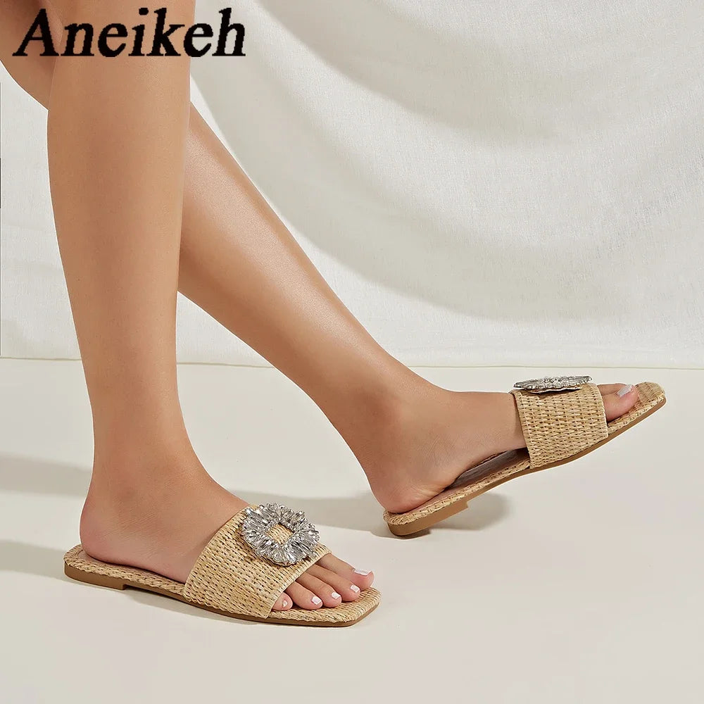 Aneikeh Glitter Bright Diamond Flat Bottom Women Slippers Crystal Sandals Comfortable Beach Slides Shoes Fashion Flat Heels