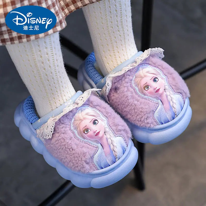 Disney Princess Elsa Frozen Slippers for Girls in Autumn Winter Indoor Warmth Non slip Children's Plush Cotton Blue Purple Shoes