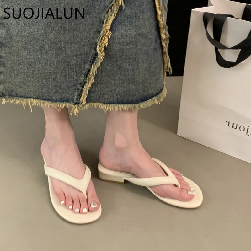 SUOJIALUN 2023 Summer Square Low Women Flip Flop Shoes Fashion Narrow Band Ladies Casual Slipper Outdoor Vaction Beach Slides Sa