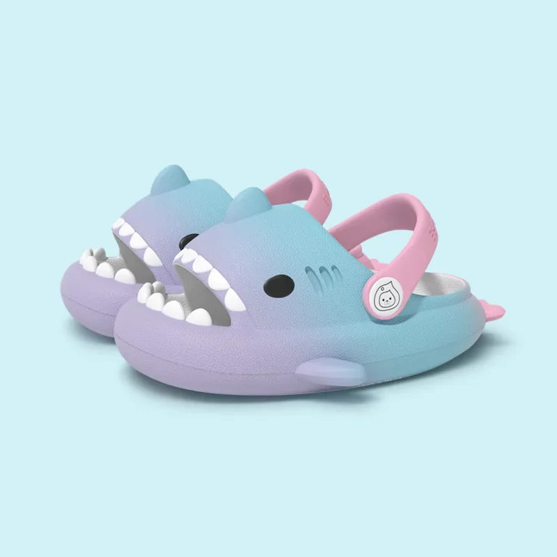 Rainbow Shark Slippers Summer Cool Kids Sandals Girls Cartoon Outdoor Play Slides Soft Sole Garden Shoes With Adjustable Buckle