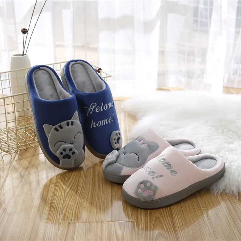 Hot Fluffy Fur Slippers Winter Cartoon Cat Pattern Womens Fur Slippers Cute Cartoon Warm Short Plush Couple Shoes Fleece Flats