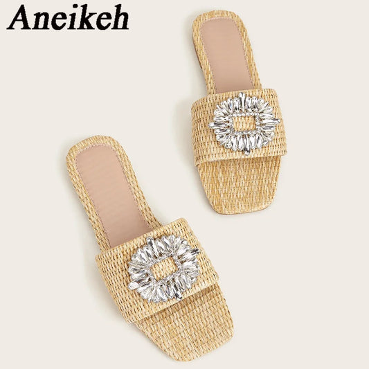 Aneikeh Glitter Bright Diamond Flat Bottom Women Slippers Crystal Sandals Comfortable Beach Slides Shoes Fashion Flat Heels